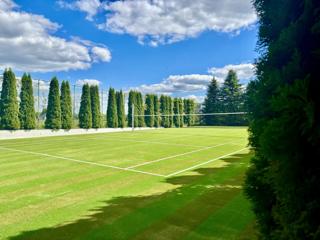 Prywatny kort tenisowy – wielofunkcyjne boisko do tenisa, badmintona, siatkówki i mini futbolu, otoczone zielenią.